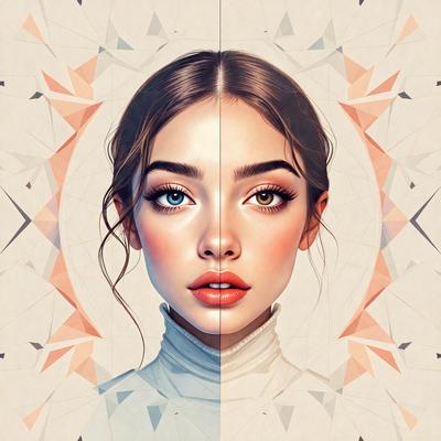 The primary subject of the image is a woman with long hair, who is depicted in two different styles. One style is a realistic, detailed portrait, while the other is a more abstract, geometric representation. The setting/background features a colorful, geometric pattern that complements the woman's appearance. The visual style is a combination of digital art and illustration, creating a unique and artistic representation of the woman. The colors and mood of the image are vibrant and lively, with the woman's hair and